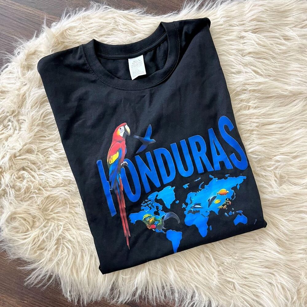 NWOT black Multi Blue "Honduras" Unisex graphic t-shirt Size Men S / Women M